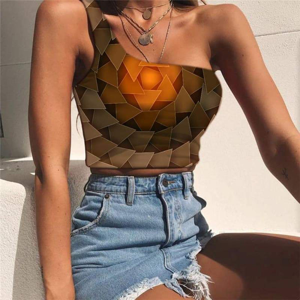 Geometric Vest Tops Women Psychedelic Sleeveless Shirt Vortex One Shoulder Crop Circle Tees Graphic - KYKU