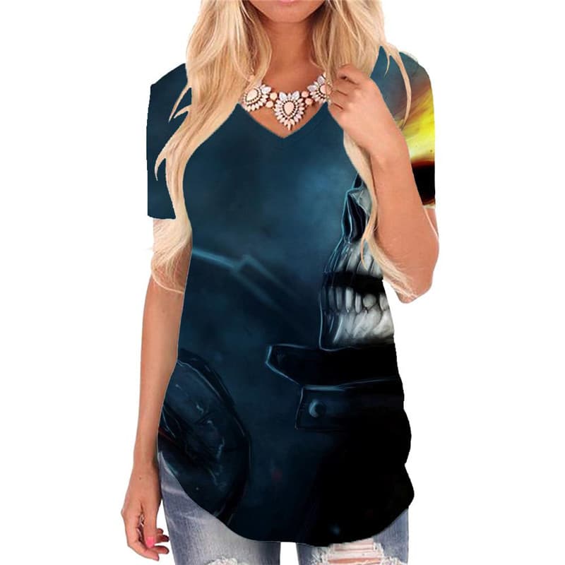 Skull T Shirt Women Punk T-shirts 3d Flame Funny T shirts Iron Chain V-neck Tshirt