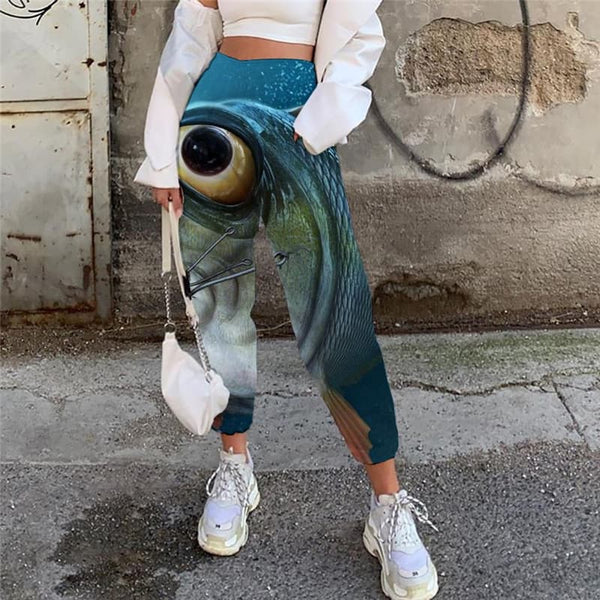 Fish Trousers Women Eye High Waist Pants Animal Trouser Fisherman Casual Pant Metal Jogger Pants