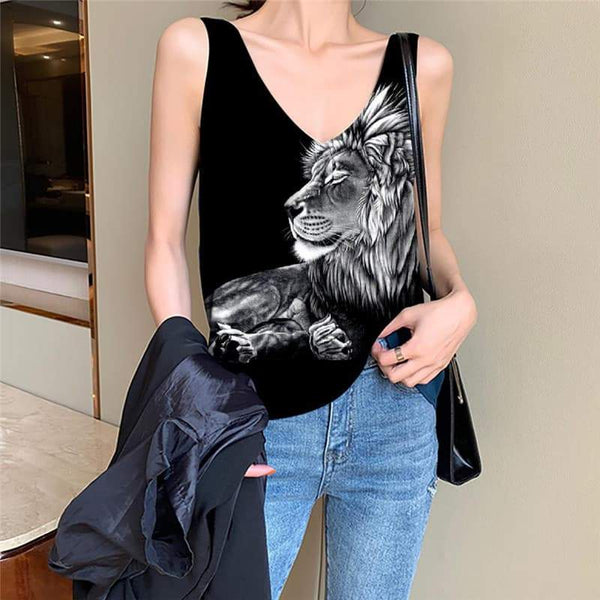 Lion Tank-Top women Animal Vest Printed Anime Vest Print Hilarious Funny Top Black Anime Clothes - KYKU