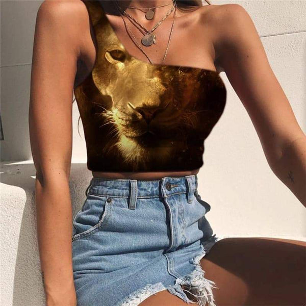 Lion Vest Tops Women Animal Sleeveless Shirt Anime Tees Graphic Nebula One Shoulder Crop Harajuku Midriff T shirt - KYKU