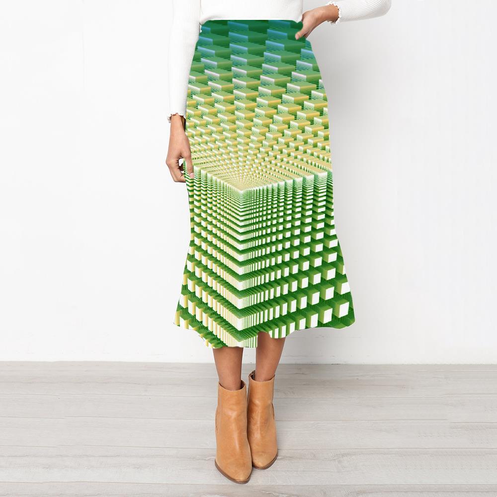 Geometric Skirt Women Psychedelic Rock Frauen Vortex High waist skirts Green Skirt Ladies - KYKU