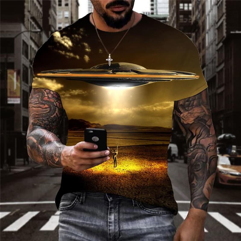 Ufo T-shirt Men War Tshirts Casual Landscape Shirt Print Harajuku Tshirt Printed