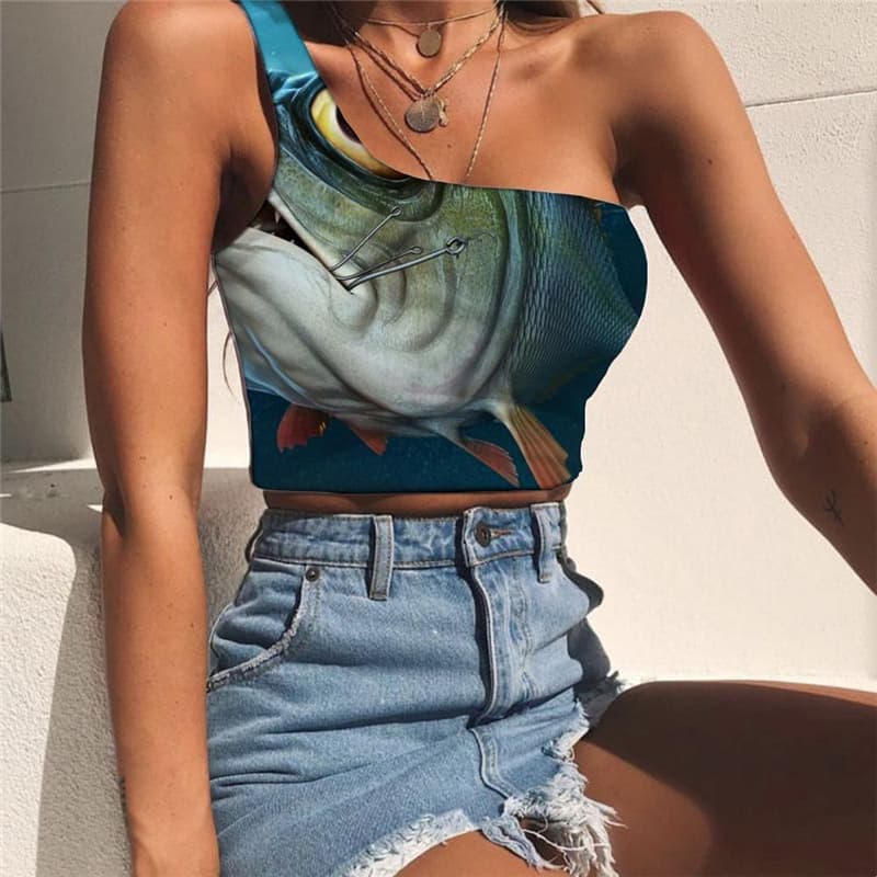 Fish Tank Tops Women Eye Tees Graphic Animal One Shoulder Crop Fisherman Midriff T shirt Metal Sleeveless Shirt