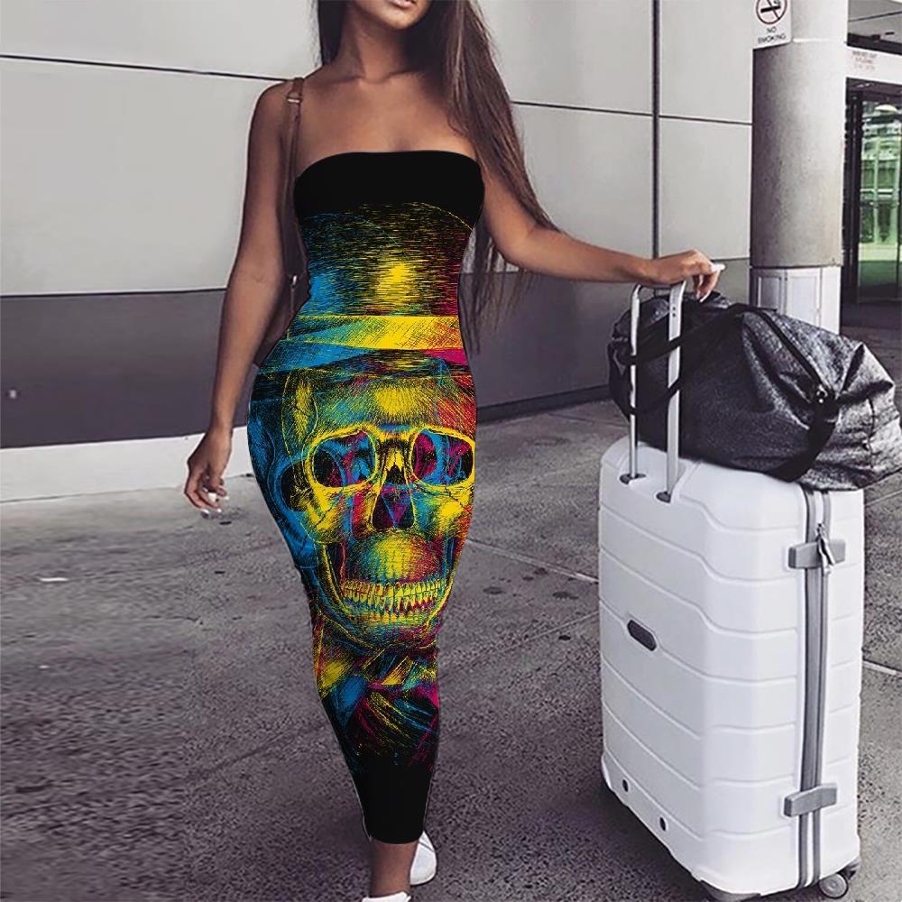 Skull Dress Women Punk Party Psychedelic 3d Print Hat Sundress Womens Clothing - KYKU