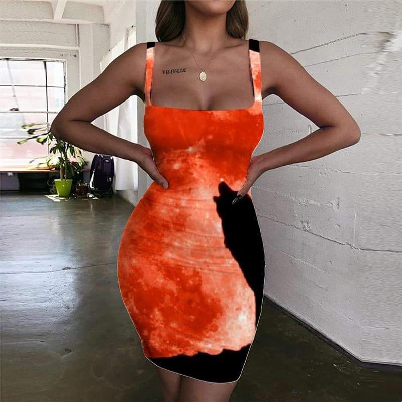 Wolf Dresses Women Animal Sundress Anime 3d Print Moon Halter Sleeveless Red Vestido Sexy - KYKU