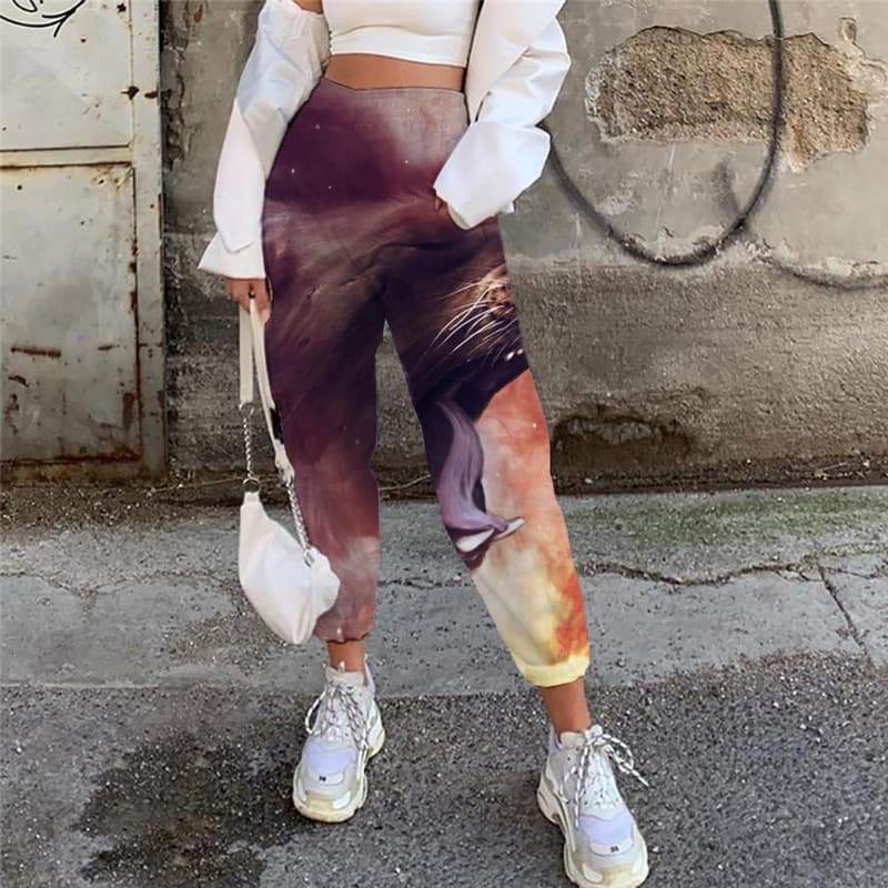 Lion Pants Women Animal Casual Pant Anime High Waist Pants Nebula 3d Printed Colorful Trouser - KYKU