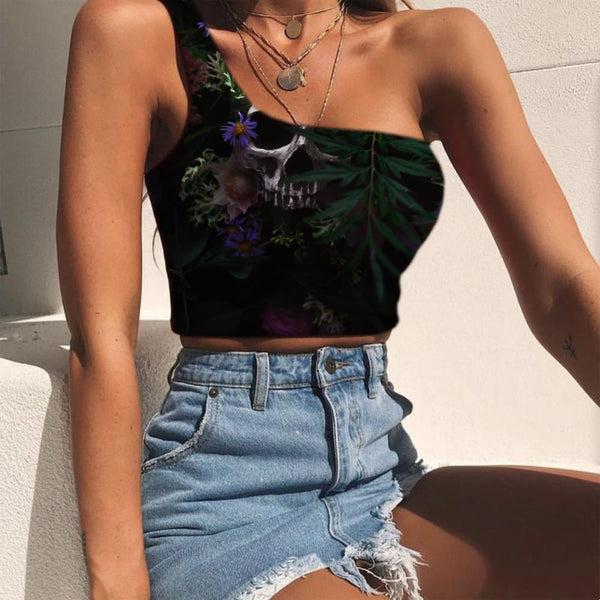 Skull Tank Tops Women Punk One Shoulder Crop Flame Midriff T shirt Red Tees Graphic - KYKU