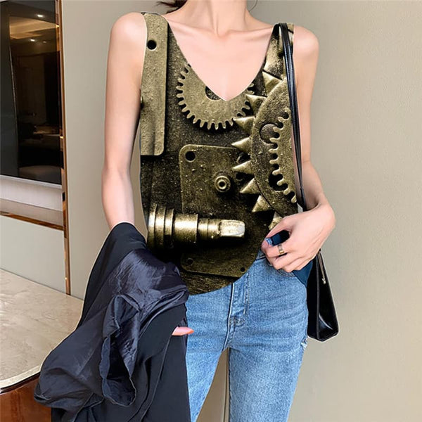 Metal Tank Top Women Engine Funny Top Gear Vest Printed Paint Tank Tops Casual