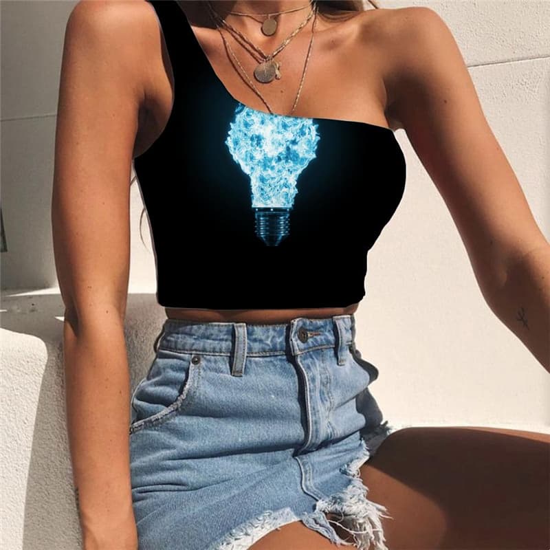 Flame Tank Tops Women Light Bulb One Shoulder Crop Black Midriff T shirt