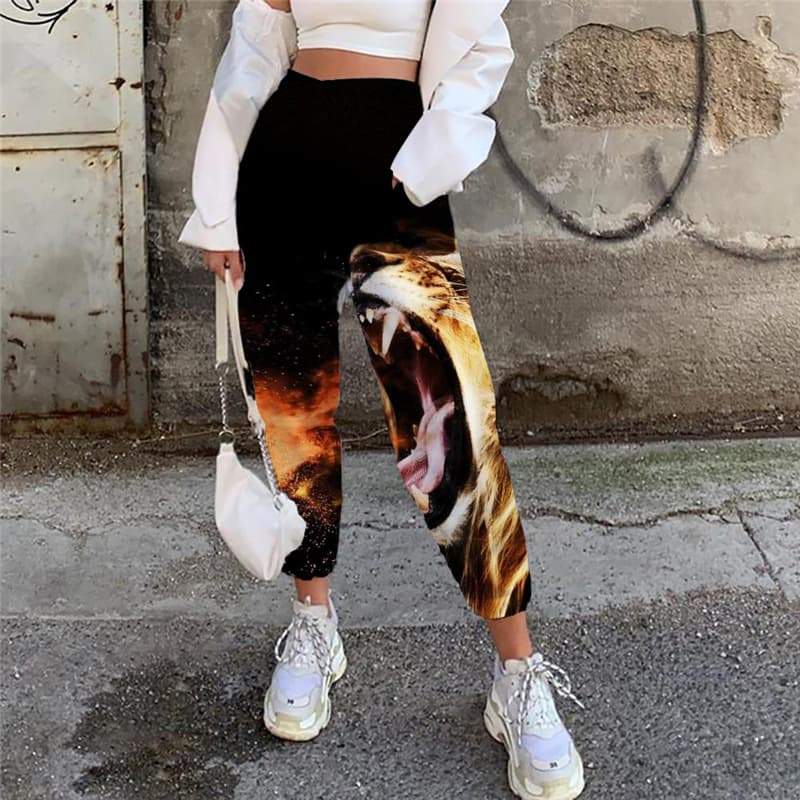Lion Pants Women Animal Jogger Pants Anime 3d Printed Flame High Waist Pants Harajuku Casual Pant - KYKU