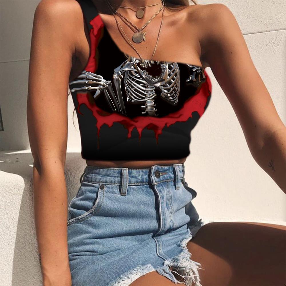 Skull Vest Tops Women Punk Sleeveless Shirt Blood Tees Graphic Gesture One Shoulder Crop Metal Midriff T shirt - KYKU