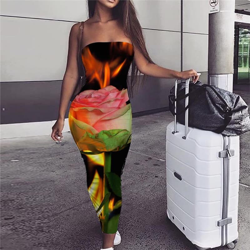 Flame Dress Women Art Boho Flower Sundress Womens Clothing Tassel