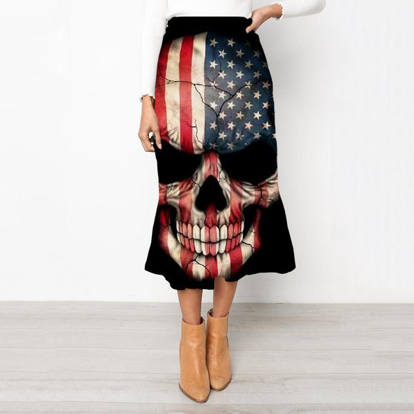 Skull Skirts Women Punk Skirt Ladies United States High waist skirts Usa Rock Frauen America School skirt - KYKU
