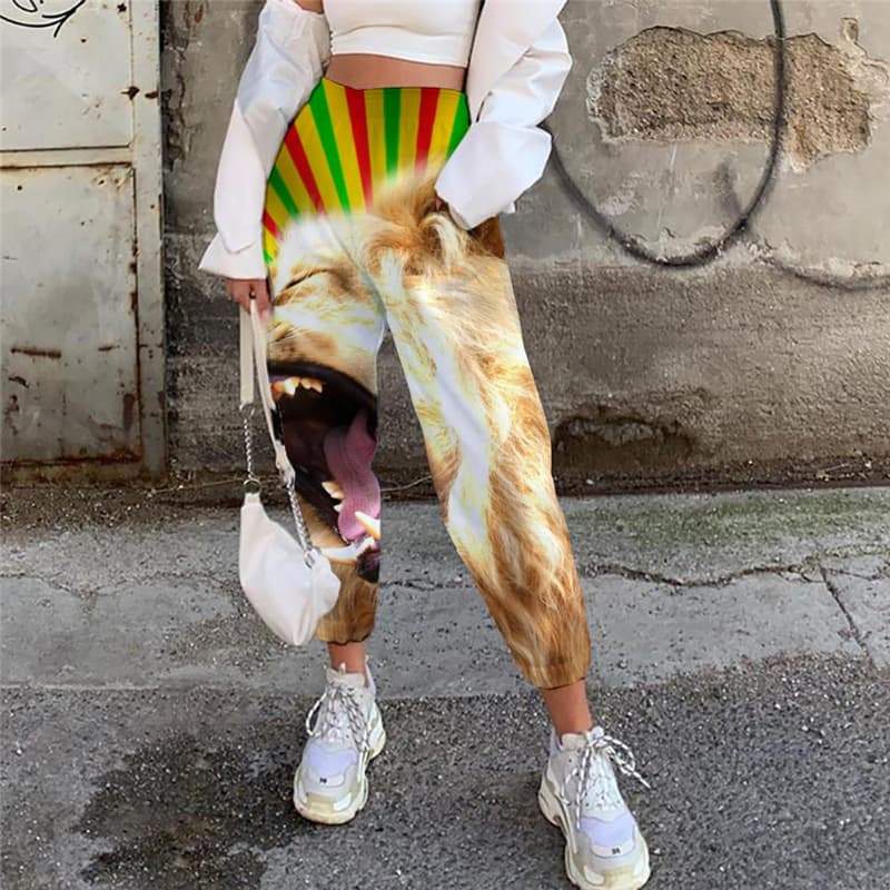 Lion Trousers Women Animal Casual Pant Anime High Waist Pants Abstract Jogger Pants Hilarious 3d Printed - KYKU