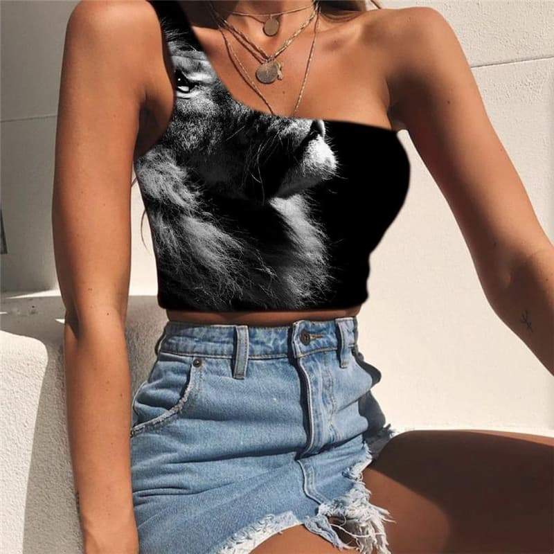 Lion Vest Tops Women Animal One Shoulder Crop Anime Sleeveless Shirt Black Midriff T shirt Sad Tees Graphic - KYKU