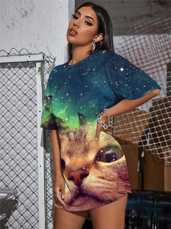 
Cat T-shirt Women Animal Gothic Nebula Summer Galaxy Punk Rock Lovely Shirt Print
                