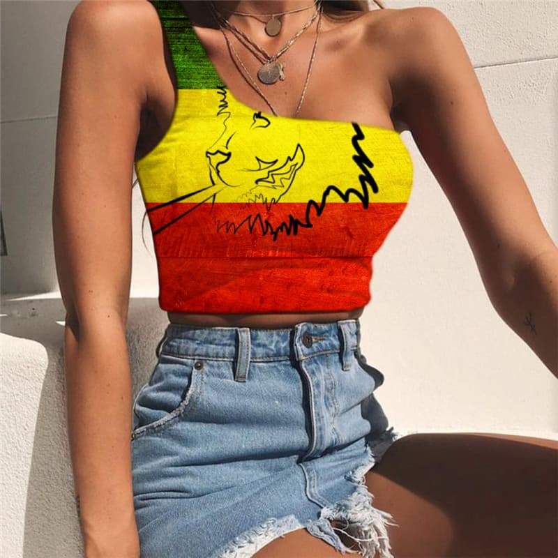 Lion Tank Tops Women Animal One Shoulder Crop Anime Tees Graphic Colorful Midriff T shirt Harajuku Sleeveless Shirt - KYKU