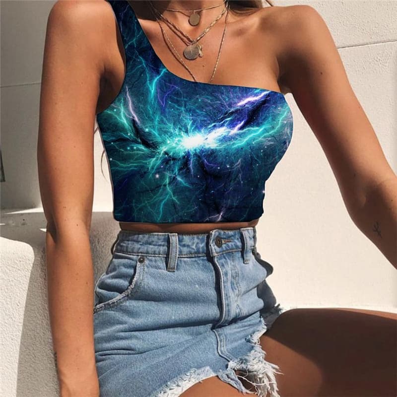 Galaxy Vest Tops Women Space Tees Graphic Universe Midriff T shirt Lightning Sleeveless Shirt