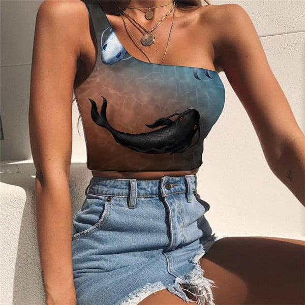Fish Vest Tops Women Black And White Sleeveless Shirt Ocean Midriff T shirt Hip Hop One Shoulder Crop