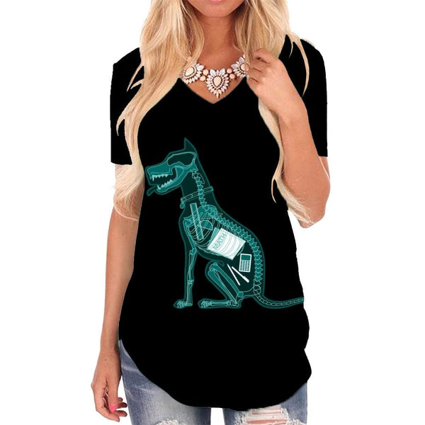 Animal T-shirt women Skeleton Tshirts Printed Hip Hop Shirt Print Rock V-neck Tshirt