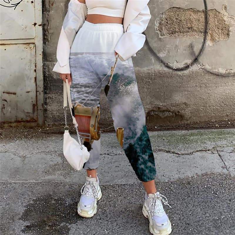 Fishing Trousers Women Ocean Casual Pant Waves 3d Printed Hip Hop High Waist Pants - KYKU