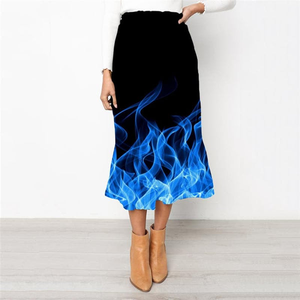 Flame Skirts Women Blue Skirt Ladies Party Rock Frauen Womens Clothing Vintage
