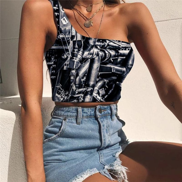 Metal Tank Tops Women Engine Midriff T shirt Gear Tees Graphic Motorcycle Sleeveless Shirt