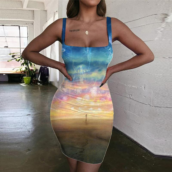 Jellyfish Dress Women Character Ladies Dresses Psychedelic Halter Sleeveless Galaxy Vestido Sexy Nebula Sundress