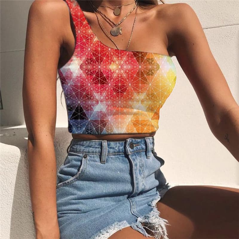 Colorful Tank Tops Women Cube Sleeveless Shirt Geometry Midriff T shirt Street Tees Graphic