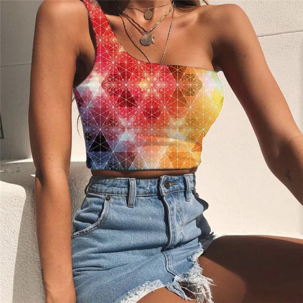 Colorful Tank Tops Women Cube Sleeveless Shirt Geometry Midriff T shirt Street Tees Graphic