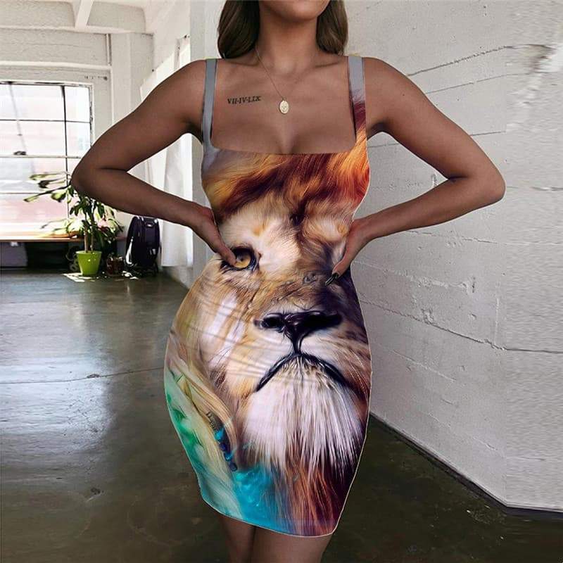 Lion Dress Women Animal Vestido Sexy Anime Bodycon Dress Colorful Halter Sleeveless Nebula Sundress - KYKU