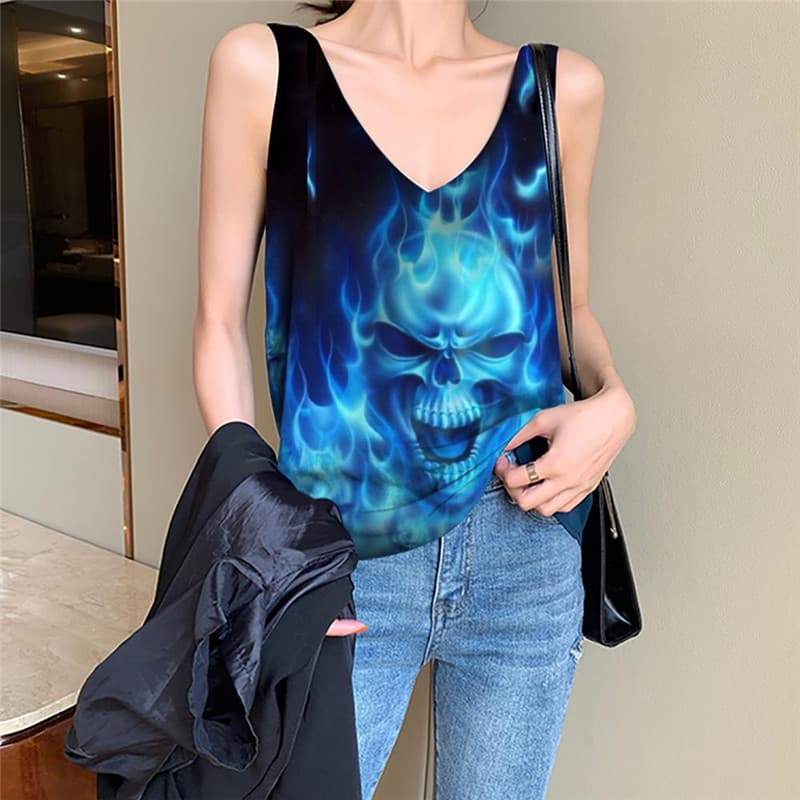Skull Tank Top Women Punk Vest Printed Blue Tank Tops Casual Flame Funny Top - KYKU