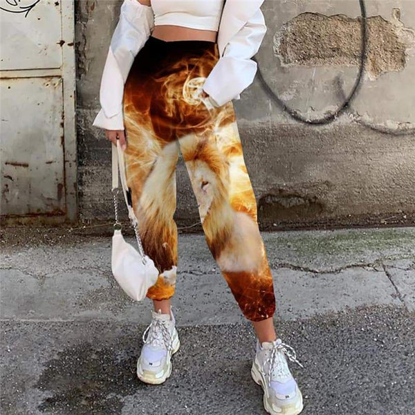 Lion Pants Women Animal Jogger Pants Anime 3d Printed Flame Casual Pant Hilarious Trouser - KYKU