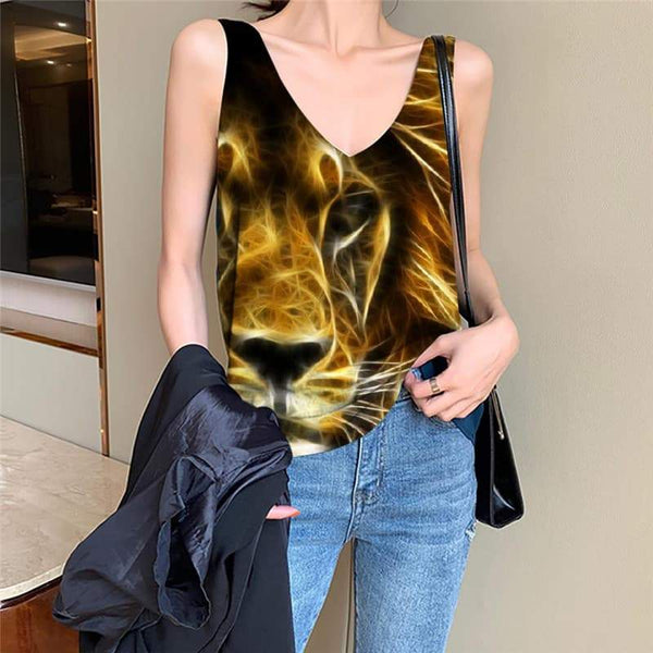 Lion Tank Top Women Animal Vest Printed Anime Tank Tops Casual Abstract Vest Print Harajuku Funny Top - KYKU