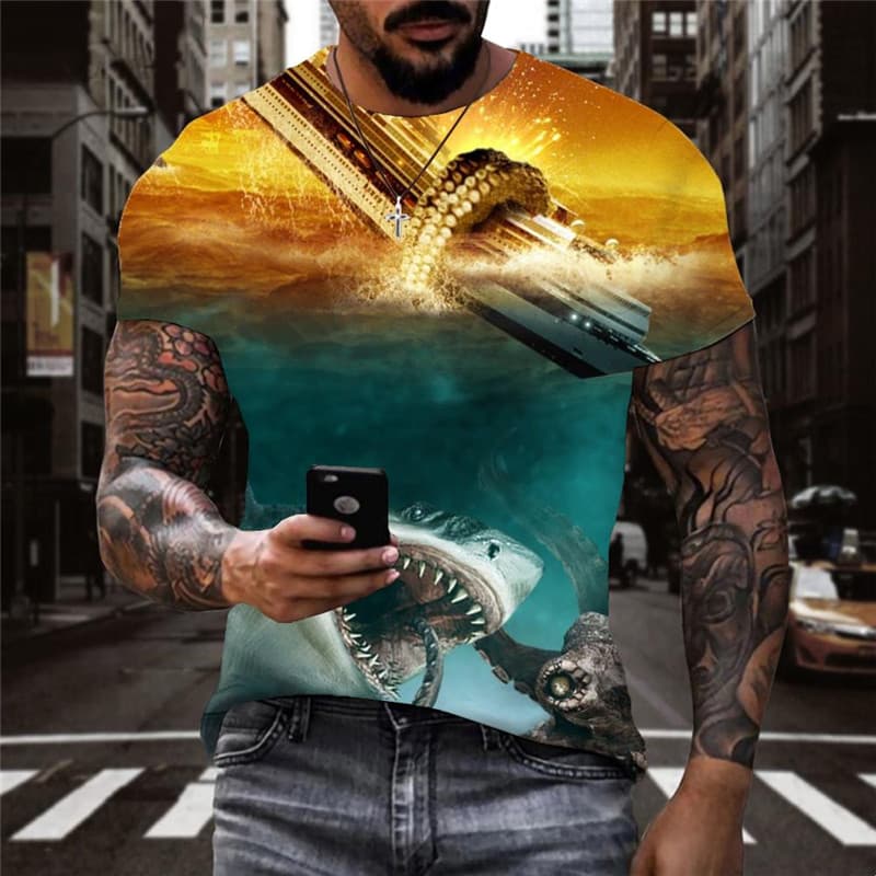 Shark T shirt Men Ocean Tshirts Casual Animal Shirt Print Black Anime Clothes