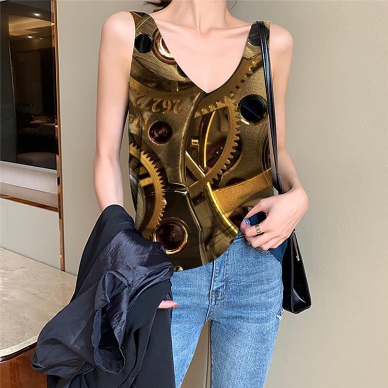 Metal Tank Top Women Engine Tank Tops Casual Gear Vest Print Art Vest Printed