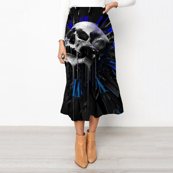 Skull Skirt Women Punk School skirt Blue High waist skirts Devil Rock Frauen - KYKU