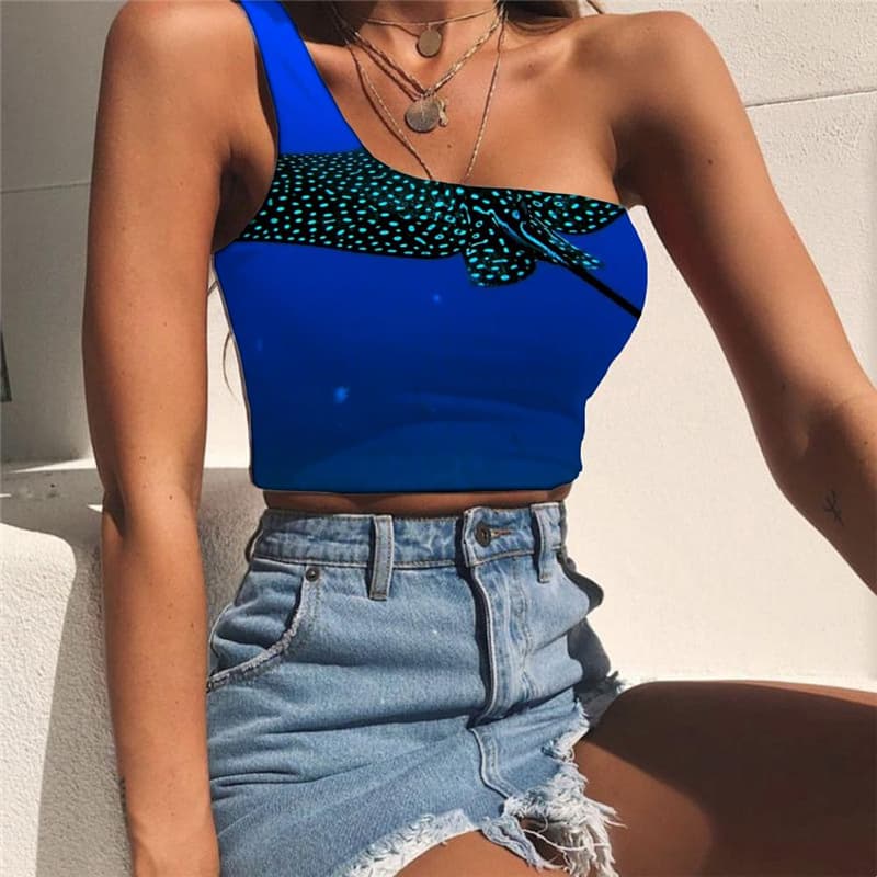 Fish Tank Tops Women Blue Midriff T shirt Animal One Shoulder Crop Tropical Sleeveless Shirt Gothic Tees Graphic