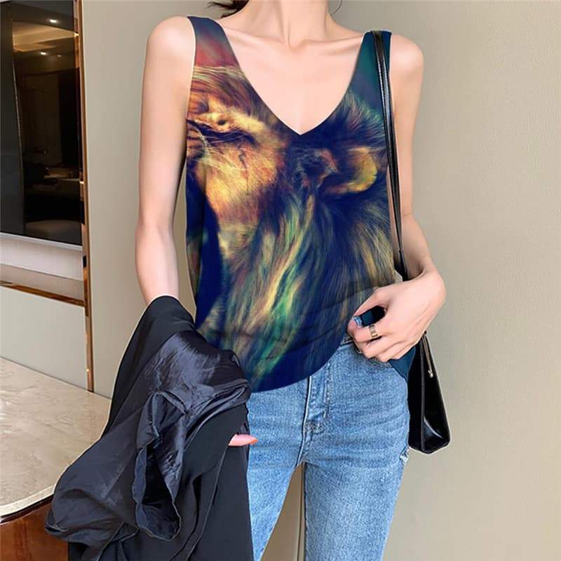 Lion Tank-Top women Animal Tank Tops Casual Anime Funny Top Colorful Vest Print Graffiti Sleeveless 3d - KYKU