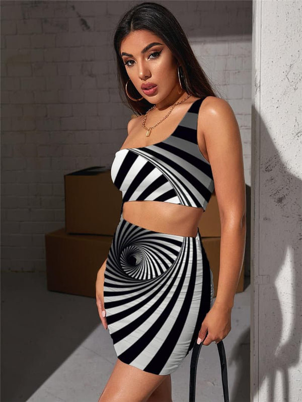 
Dizziness Dress Women Stripe Bodycon Dress Black And White Hollow out Dresses Harajuku 3d Print
                