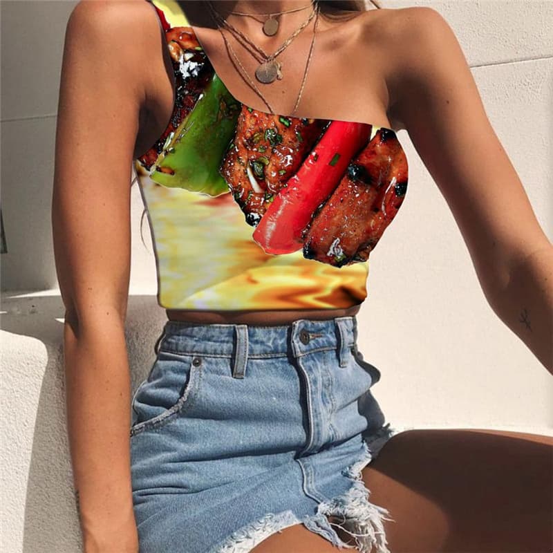 Flame Tank Tops Women Food Midriff T shirt Novel Sleeveless Shirt