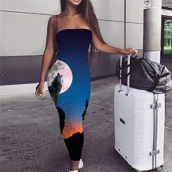 Wolf Dress Women Animal 3d Print Anime Party Moon Sundress Tree sleeveless - KYKU