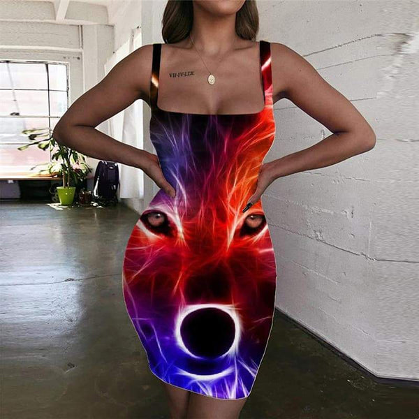 Wolf Dress Women Animal Vestido Sexy Anime Bodycon Dress Psychedelic Halter Sleeveless Color Sundress - KYKU