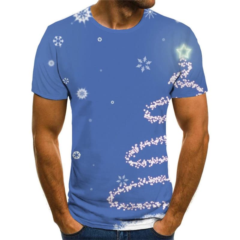 Christmas T-shirt Men Snowflake Tshirt Printed New Year Tshirts Casual Blue T-shirts Graphic
