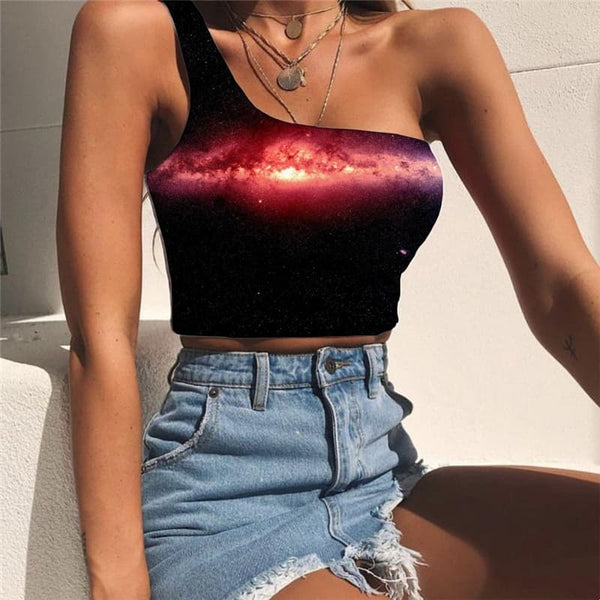 Galaxy Vest Tops Women Space Tees Graphic Universe Sleeveless Shirt Black One Shoulder Crop