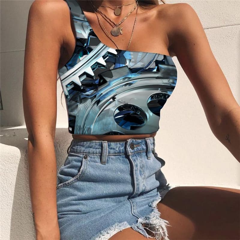 Metal Vest Tops Women Engine One Shoulder Crop Gear Tees Graphic Technology Sleeveless Shirt