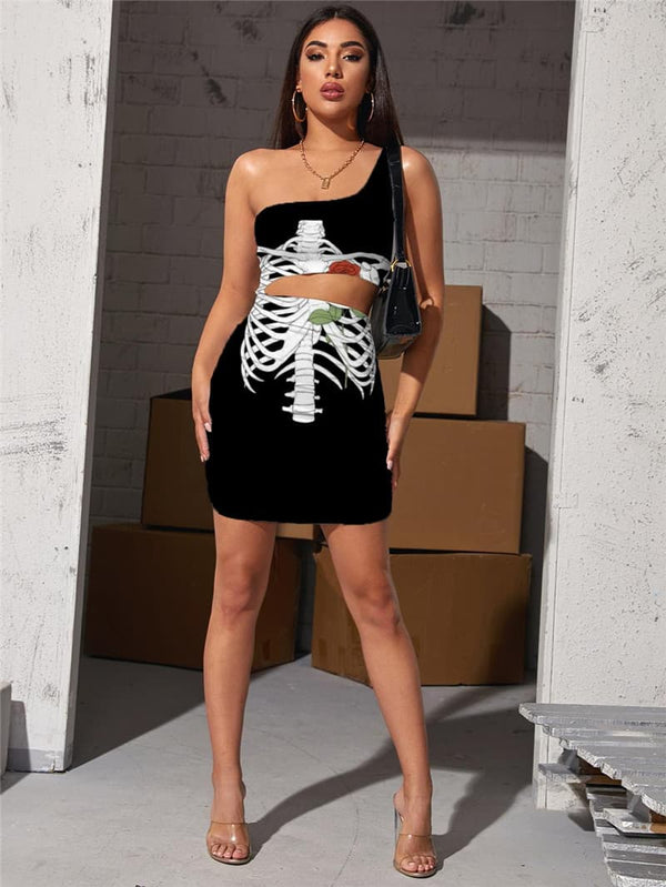
Skeleton Dresses Women Flower Pleating Art Hollow out Dresses Hip Hop Bodycon Dress
                