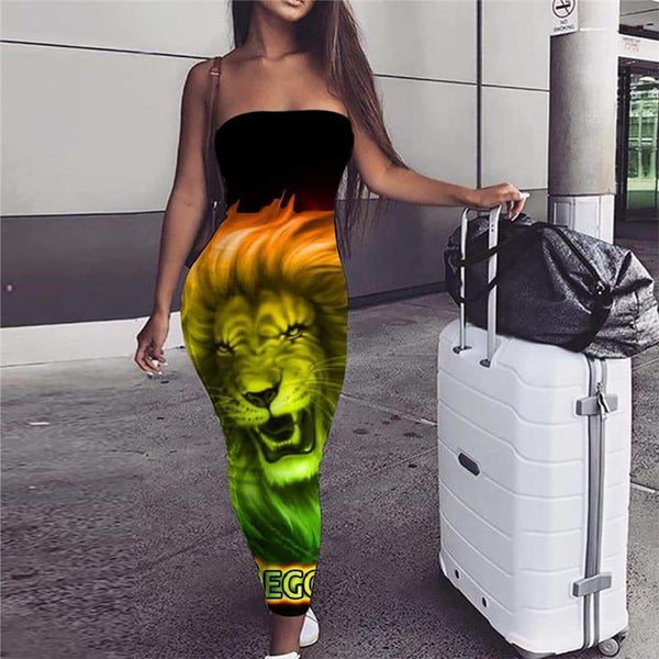 Lion Dress Women Animal 3d Print Anime Party Colorful Sundress Green Bodycon Dress - KYKU