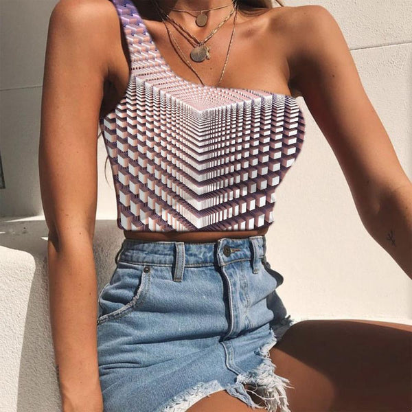 Geometric Tank Tops Women Psychedelic Tees Graphic Vortex Midriff T shirt Yellow One Shoulder Crop - KYKU